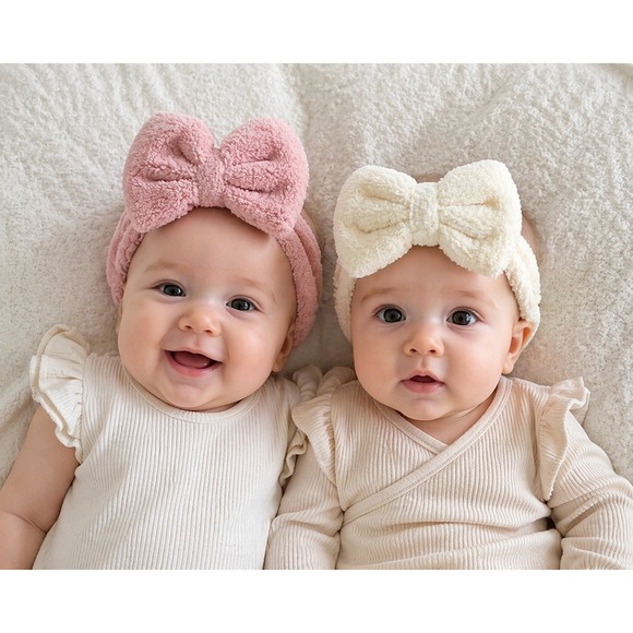 No Brand Other - Baby Headbands Chenille Soft Pink White Stretchy Elastic Bowknot 2 Pieces NWOT
